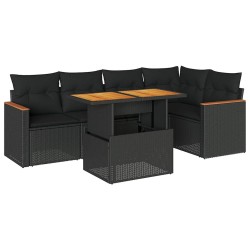Salon de jardin 6 pcs avec coussins noir résine tressée acacia 641855641855
