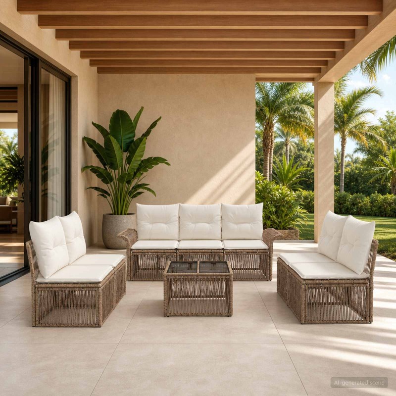 Ensemble de canapé de jardin 8 pcs Beige polyrotin 641949641949