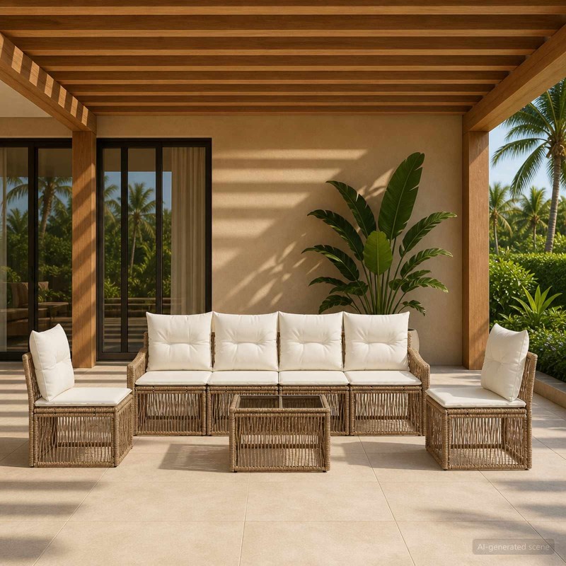 Ensemble de canapé de jardin 7 pcs Beige polyrotin 641955641955