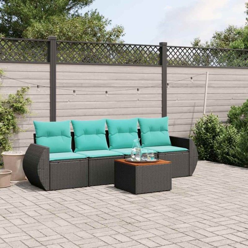 Ensemble de canapé de jardin 5 pcs avec coussins noir résine tressée 642197642197