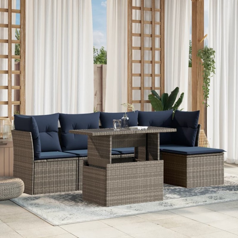 Ensemble de canapé de jardin 6 pcs avec coussins gris résine tressée 642203642203