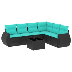 Ensemble de canapé de jardin 7 pcs avec coussins noir résine tressée 642207642207