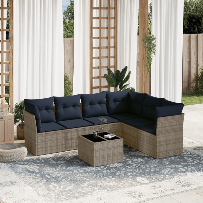 Ensemble de canapé de jardin 7 pcs avec coussins gris résine tressée 642208642208
