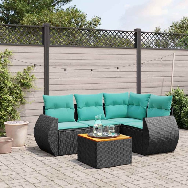 Ensemble de canapé de jardin 5 pcs avec coussins noir résine tressée 642247642247