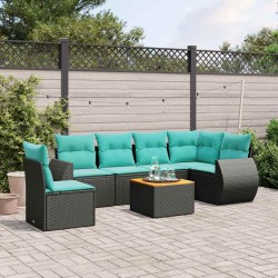Ensemble de canapé de jardin 7 pcs avec coussins noir résine tressée 642252642252