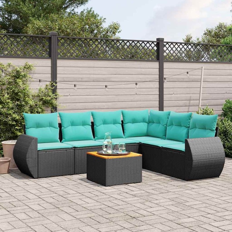 Ensemble de canapé de jardin 7 pcs avec coussins noir résine tressée 642273642273
