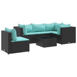 Salon de jardin 6 pcs avec coussins Noir Résine tressée 642438642438