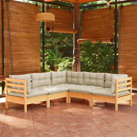 Salon de jardin 5 pcs avec coussins crème bois de pin massif 642600642600