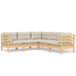 Salon de jardin 5 pcs avec coussins crème bois de pin massif 642600642600