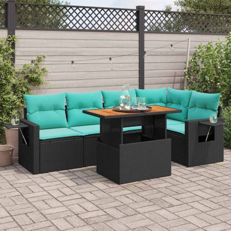 Salon de jardin 6 pcs avec coussins noir résine tressée 642603642603