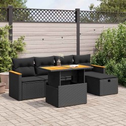 Salon de jardin 6 pcs avec coussins noir résine tressée 642850642850