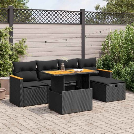 Salon de jardin 6 pcs avec coussins noir résine tressée 642850642850