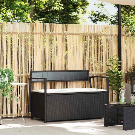 Banc de rangement de jardin avec coussin noir résine tressée 642857642857