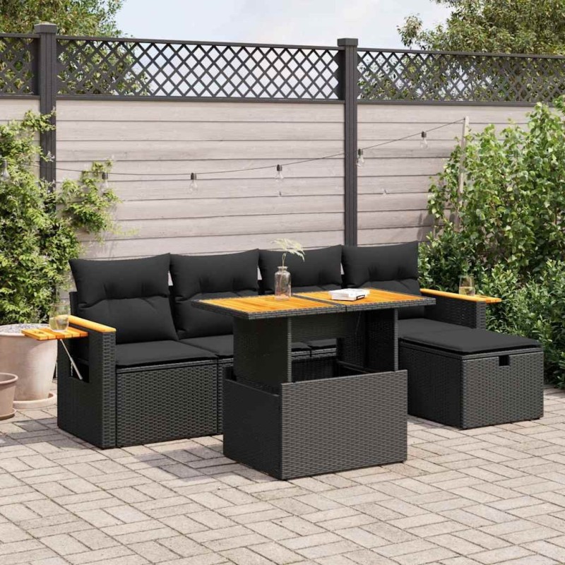 Salon de jardin 6 pcs avec coussins noir résine tressée 642958642958