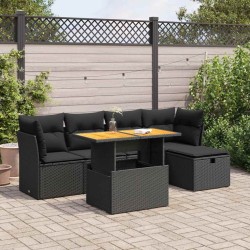 Salon de jardin 6 pcs avec coussins noir résine tressée acacia 642986642986