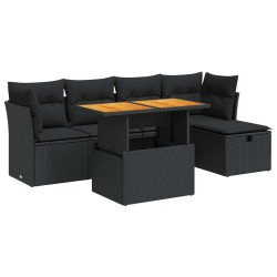 Salon de jardin 6 pcs avec coussins noir résine tressée acacia 642986642986