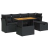 Salon de jardin 6 pcs avec coussins noir résine tressée acacia 642986642986