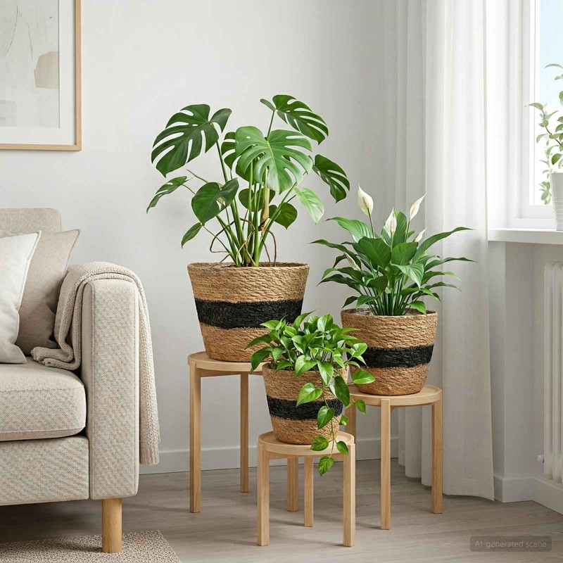 Paniers à plantes en herbe de mer 3 pcs Naturel et noir 642998642998