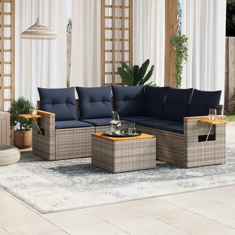 Salon de jardin 6 pcs avec coussins gris résine tressée 643087643087