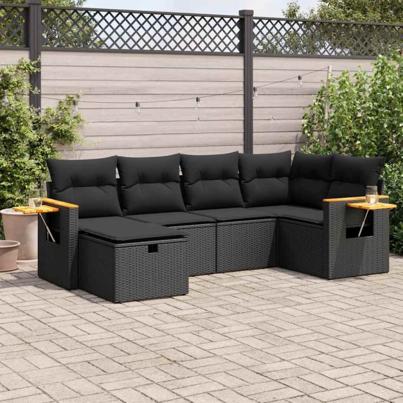 Salon de jardin 6 pcs avec coussins noir résine tressée 643097643097