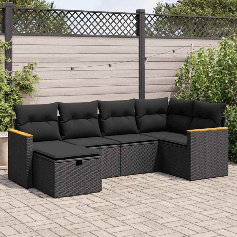 Salon de jardin 6 pcs avec coussins noir résine tressée 643108643108