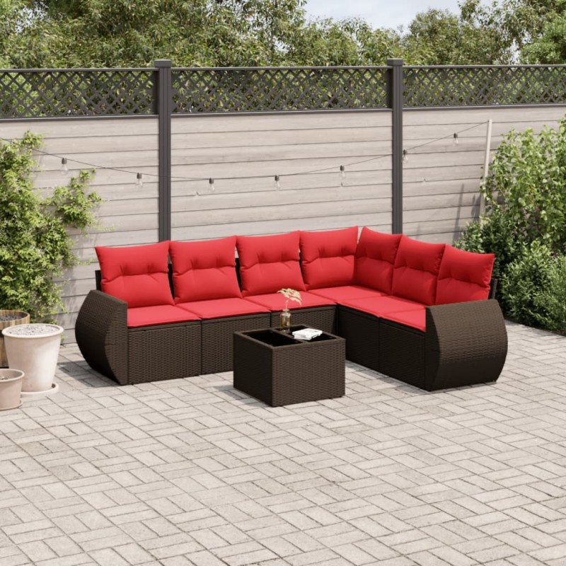Ensemble de canapé de jardin 7 pcs avec coussins marron résine tressée 643141643141