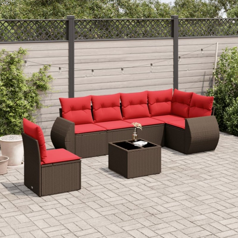 Ensemble de canapé de jardin 7 pcs avec coussins marron résine tressée 643148643148
