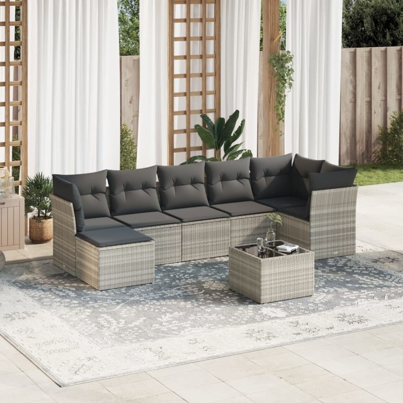 Salon de jardin 8 pcs avec coussins gris clair résine tressée 643291643291