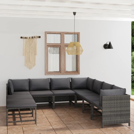 Salon de jardin 9 pcs avec coussins Résine tressée Gris 643423643423