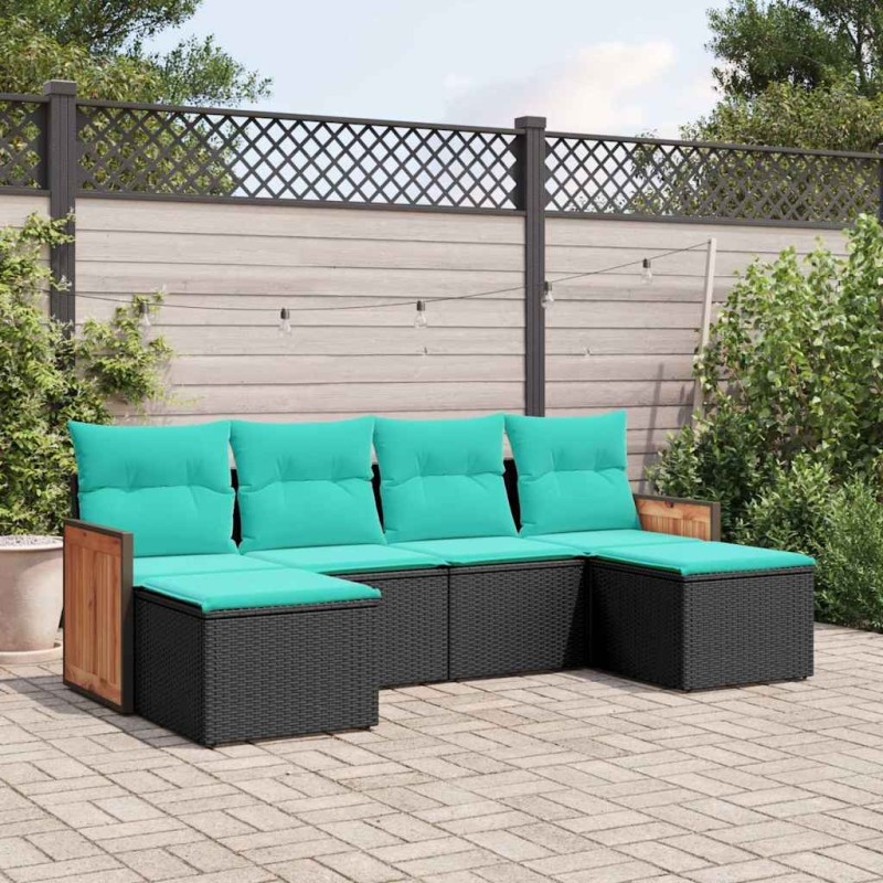 Salon de jardin 6 pcs avec coussins noir résine tressée 643516643516