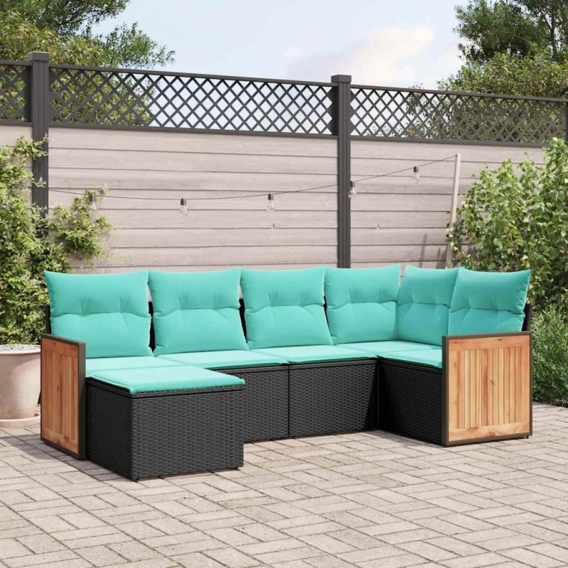 Salon de jardin 6 pcs avec coussins noir résine tressée 643518643518