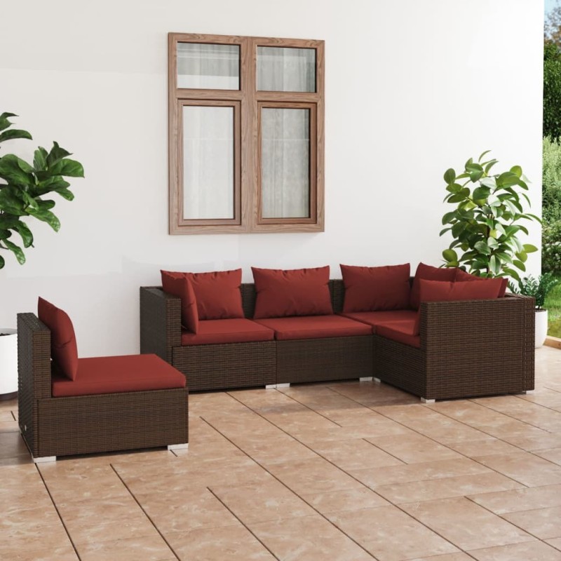 Salon de jardin 5 pcs avec coussins résine tressée marron 643538643538