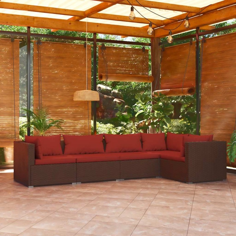 Salon de jardin 5 pcs avec coussins résine tressée marron 643539643539