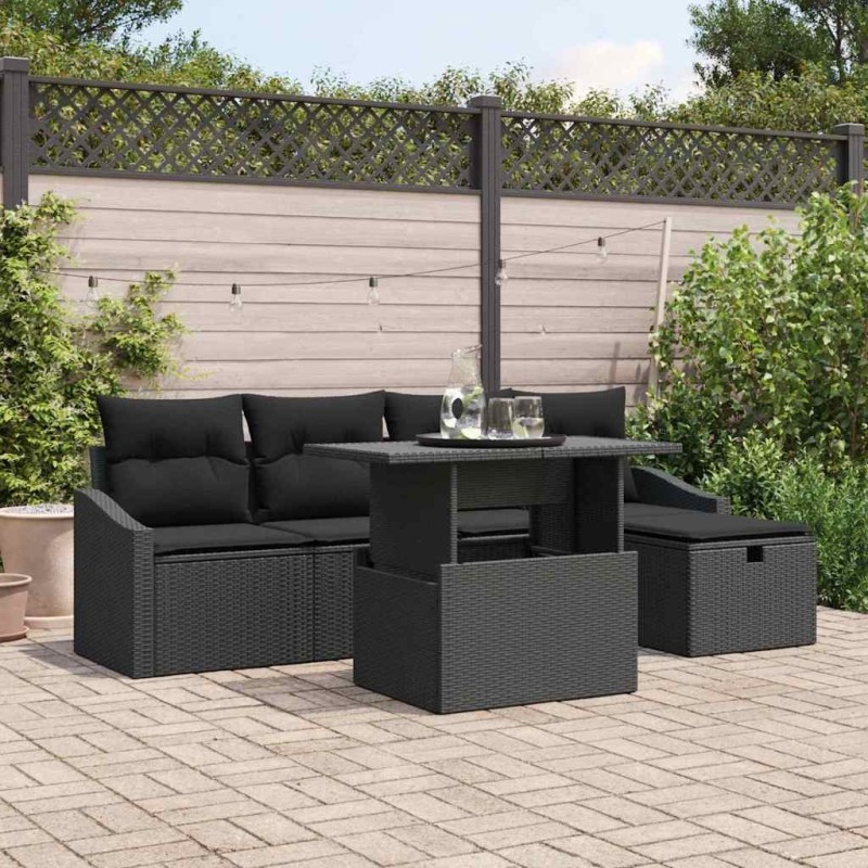 Ensemble de canapé de jardin avec coussin 6 pcs Noir polyrotin 643622643622