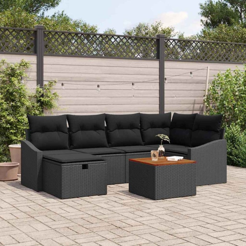Ensemble de canapé de jardin avec coussin 7 pcs Noir Poly rotin 643632643632