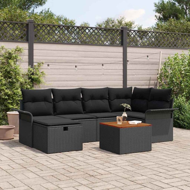 Ensemble de canapé de jardin avec coussin 7 pcs Noir Poly rotin 643644643644