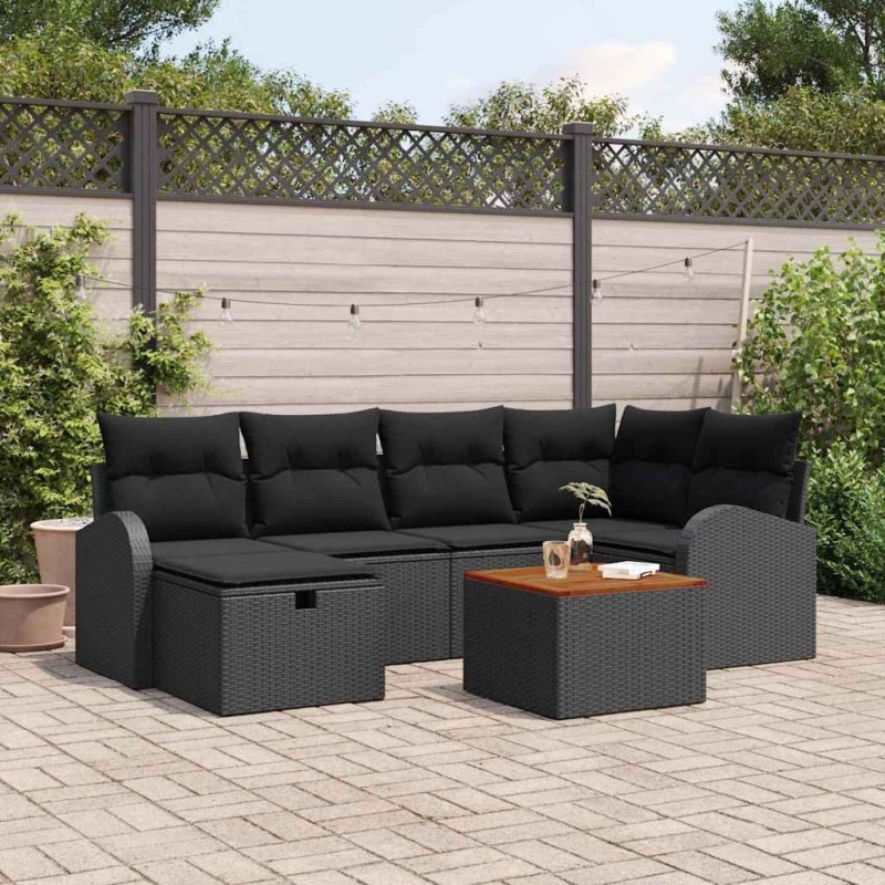 Ensemble de canapé de jardin avec coussin 7 pcs Noir Poly rotin 643665643665