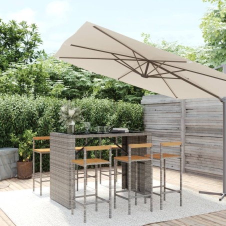 Ensemble de bar jardin 7 pcs gris poly rotin/bois massif acacia 643723643723