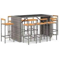 Ensemble de bar jardin 7 pcs gris poly rotin/bois massif acacia 643723643723