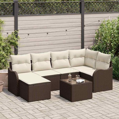 Ensemble de canapé de jardin 7 pcs Marron et blanc Poly rotin 643739643739