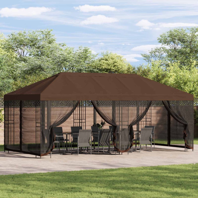 Gazebo avec murs latéraux 6 x 3 m Marron Polyester et Acier 190 643956643956