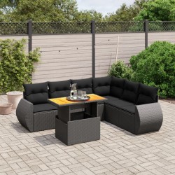 Salon de jardin 7 pcs avec coussins noir résine tressée 644036644036