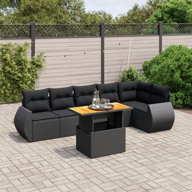 Salon de jardin 7 pcs avec coussins noir résine tressée 644041644041