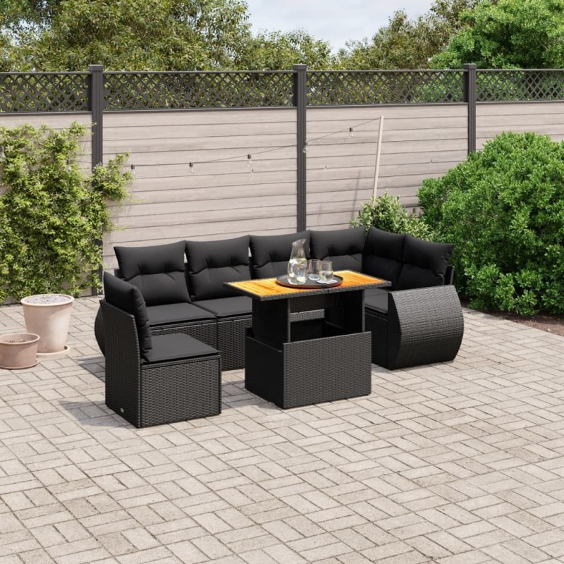 Salon de jardin 7 pcs avec coussins noir résine tressée 644043644043