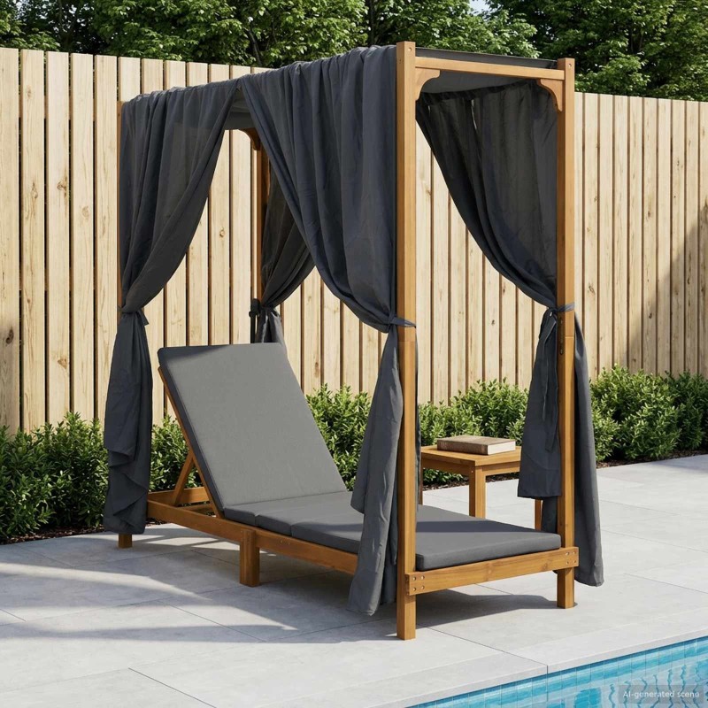 Transat simple avec auvent et rideaux Bois d'Acacia Massif 644062644062