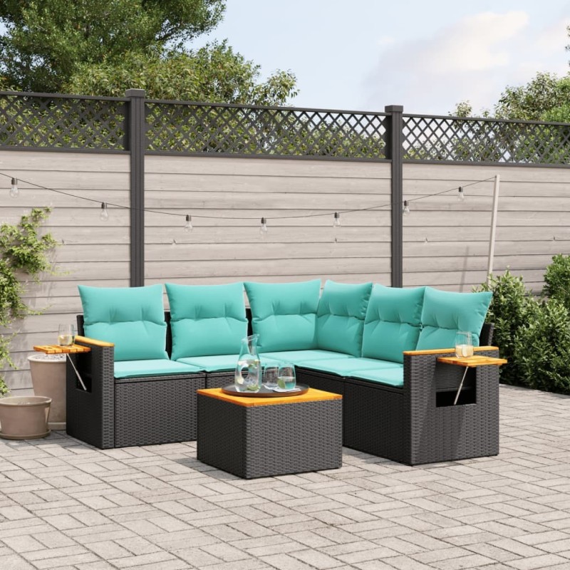 Salon de jardin 6 pcs avec coussins noir résine tressée 644147644147