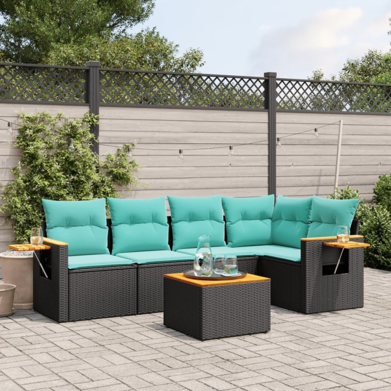 Salon de jardin 6 pcs avec coussins noir résine tressée 644148644148