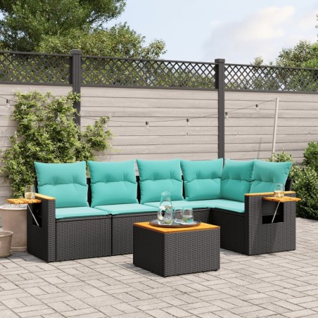 Salon de jardin 6 pcs avec coussins noir résine tressée 644148644148