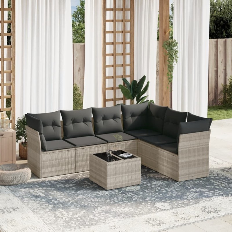 Salon de jardin avec coussins 7 pcs gris clair résine tressée 644156644156
