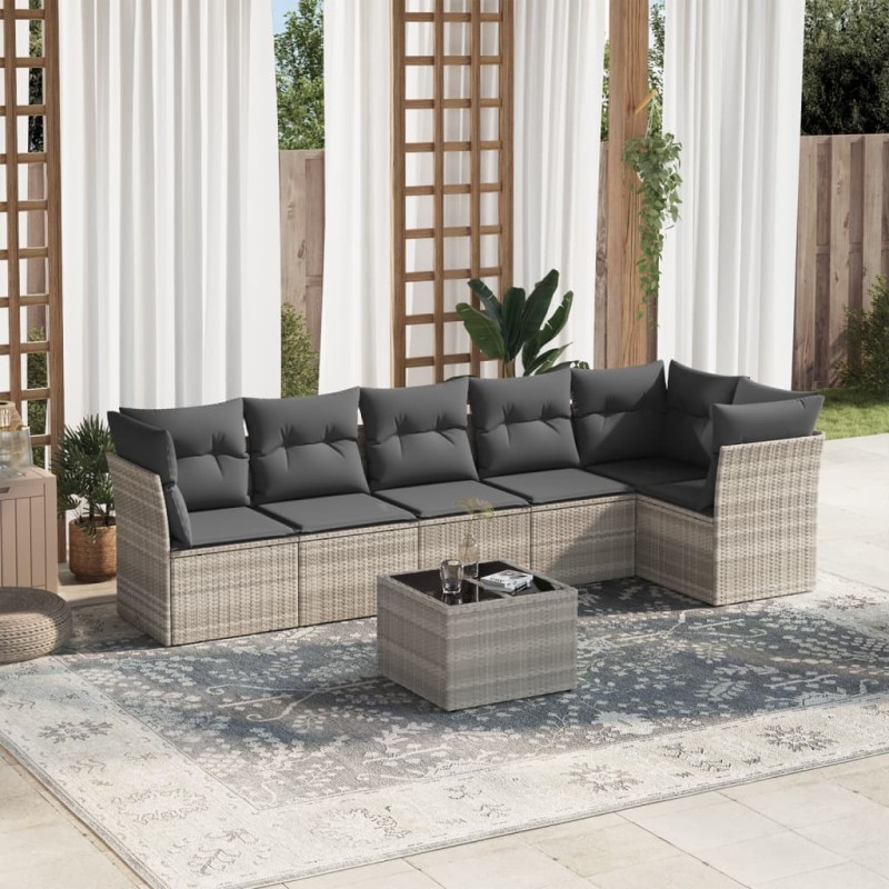 Salon de jardin avec coussins 7 pcs gris clair résine tressée 644159644159
